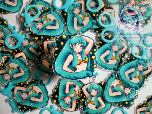 Lum Invader Double Sided 2in Acrylic Keychain with Teal Plastic Finding, Anime Manga Retro Urusei Yatsura Kawaii Cute AnimeGirl 80s