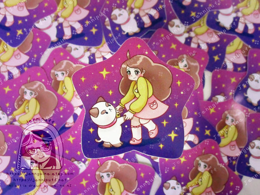 Bee and Puppycat Dancing Together 3in Die-Cut Vinyl Sticker Cute Kawaii Pink Purple Stars Decal 3x3in Star-Shaped