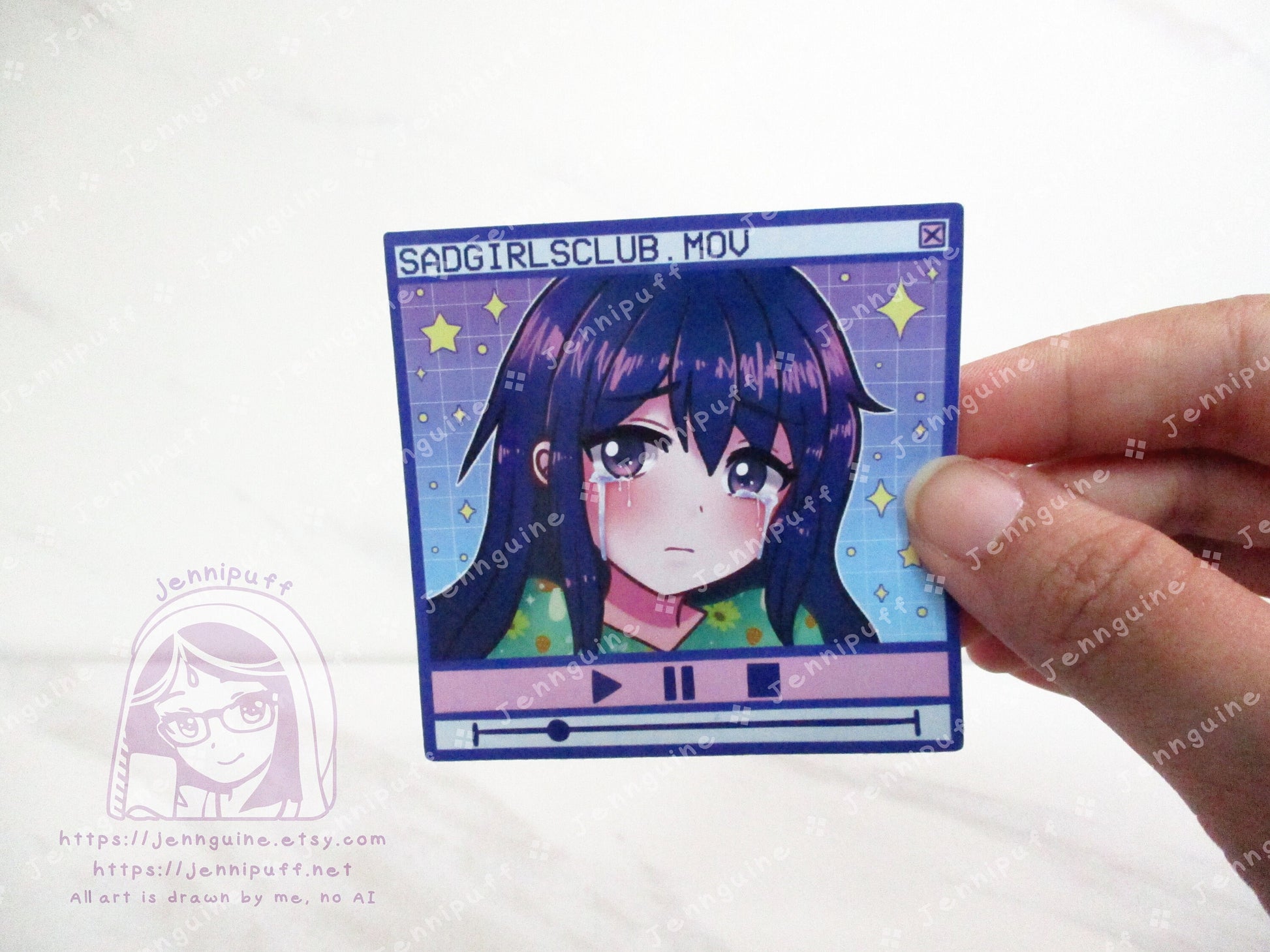 Sad Girls Club Vaporwave 3in Die-Cut Vinyl Sticker Cute Kawaii Retrowave Y2K Style Decal 3x3in Original Character Blue Purple Aesthetic