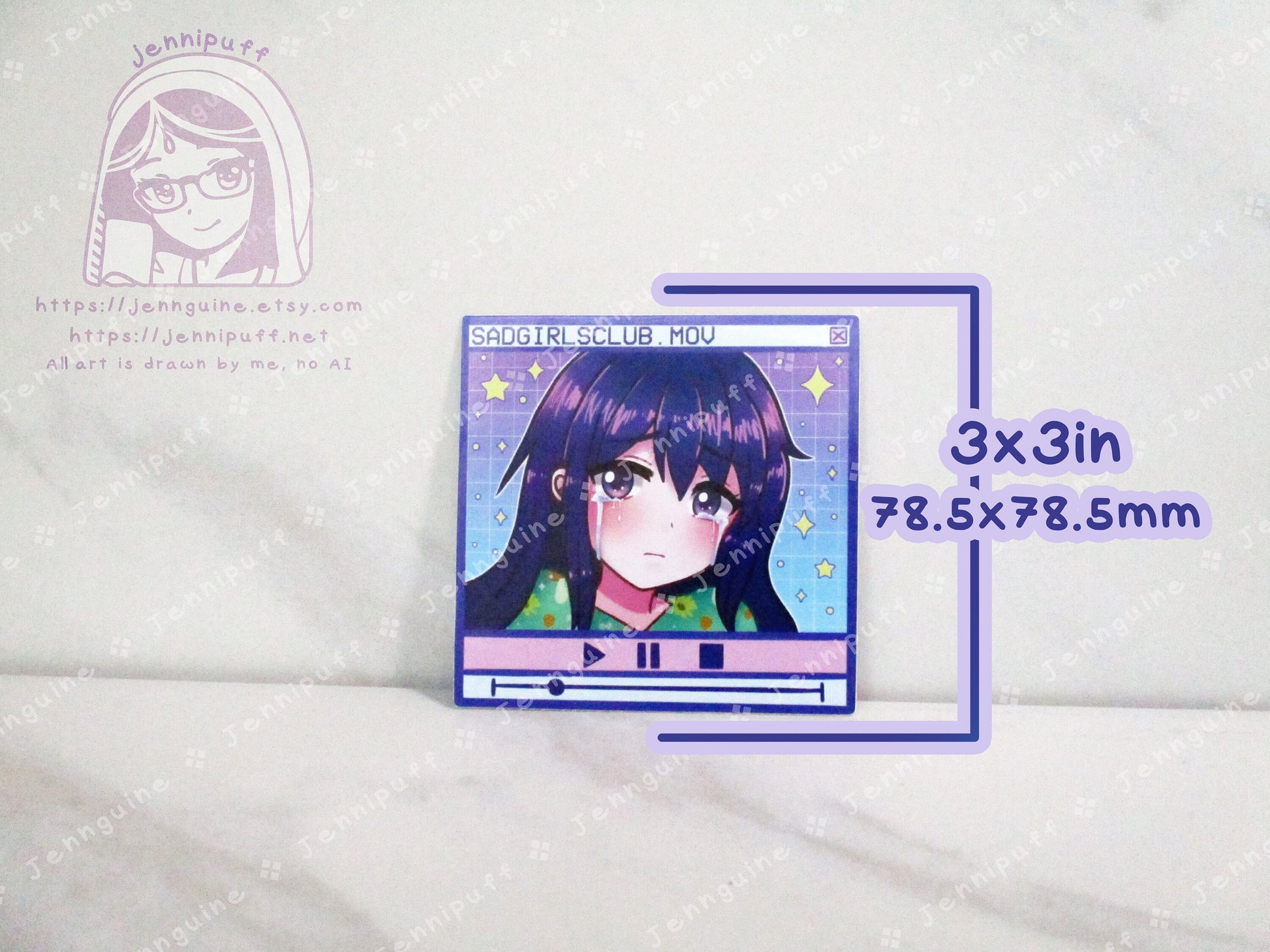 Sad Girls Club Vaporwave 3in Die-Cut Vinyl Sticker Cute Kawaii Retrowave Y2K Style Decal 3x3in Original Character Blue Purple Aesthetic