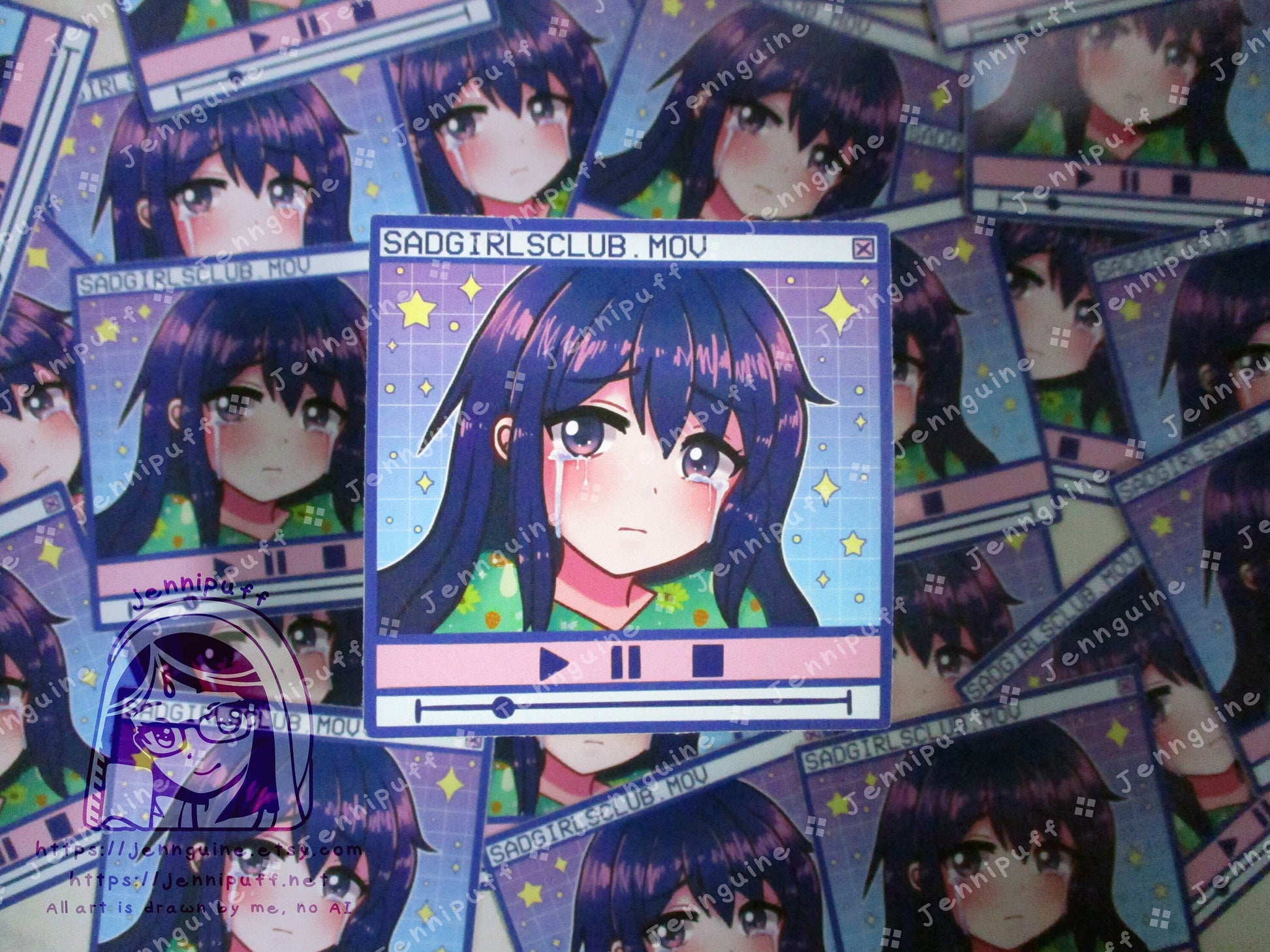 Sad Girls Club Vaporwave 3in Die-Cut Vinyl Sticker Cute Kawaii Retrowave Y2K Style Decal 3x3in Original Character Blue Purple Aesthetic