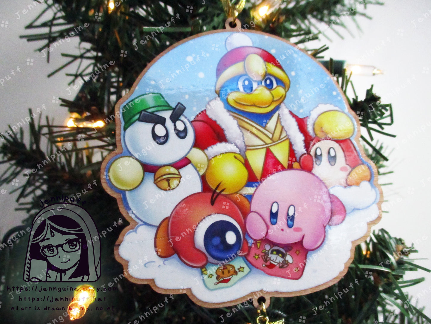 Kirby Wooden Christmas Ornament | Comes with 4x6in Print | Kirby, WaddleDoo, WaddleDee, Chilly, King Dedede Holiday Ornament Decoration Gift