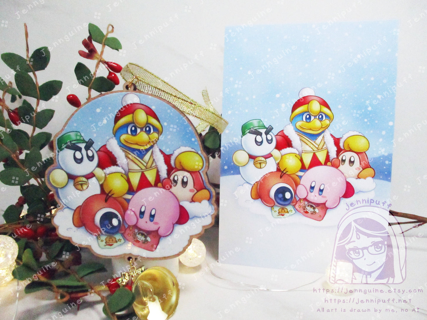 Kirby Wooden Christmas Ornament | Comes with 4x6in Print | Kirby, WaddleDoo, WaddleDee, Chilly, King Dedede Holiday Ornament Decoration Gift