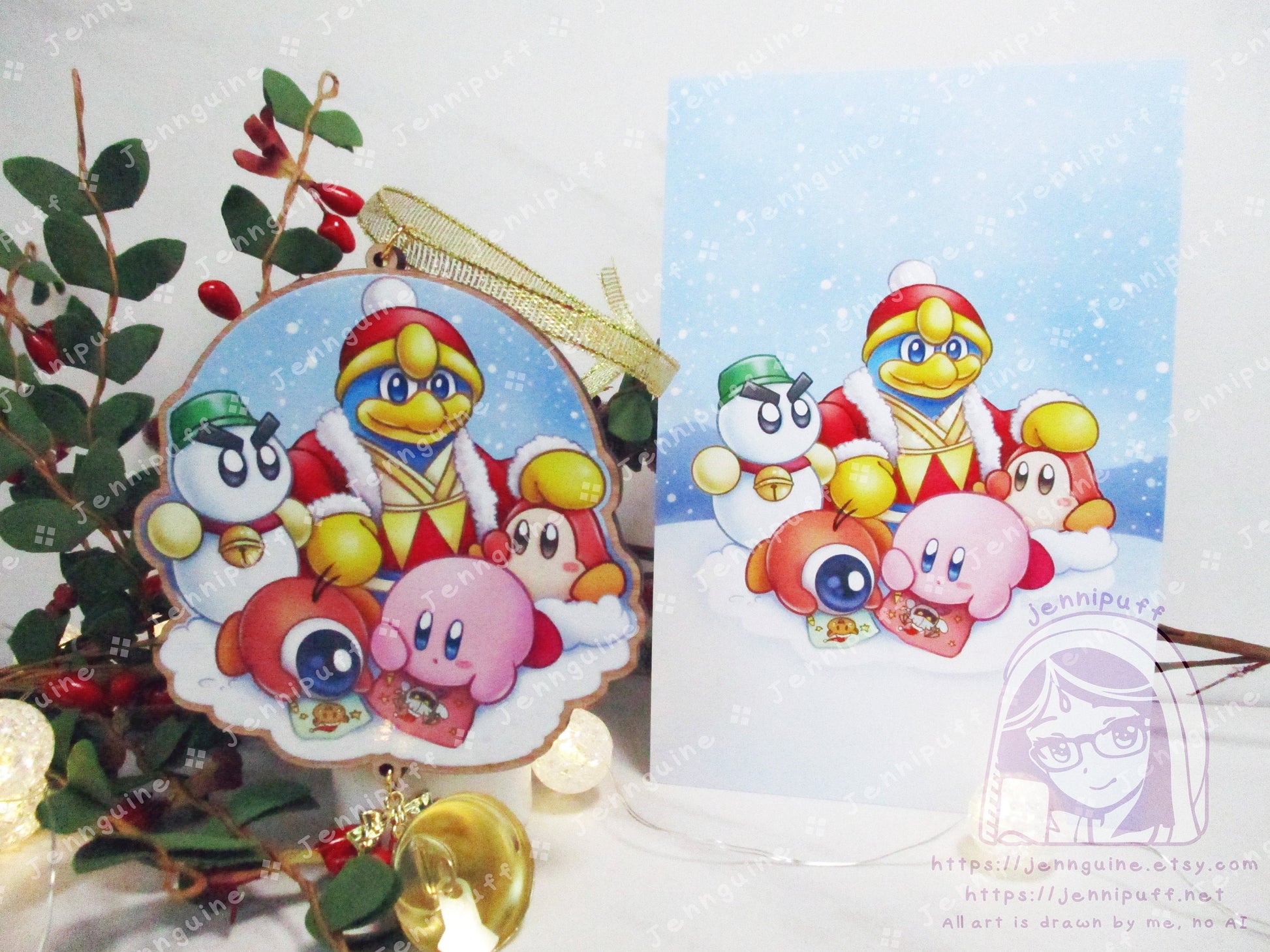 Kirby Wooden Christmas Ornament | Comes with 4x6in Print | Kirby, WaddleDoo, WaddleDee, Chilly, King Dedede Holiday Ornament Decoration Gift