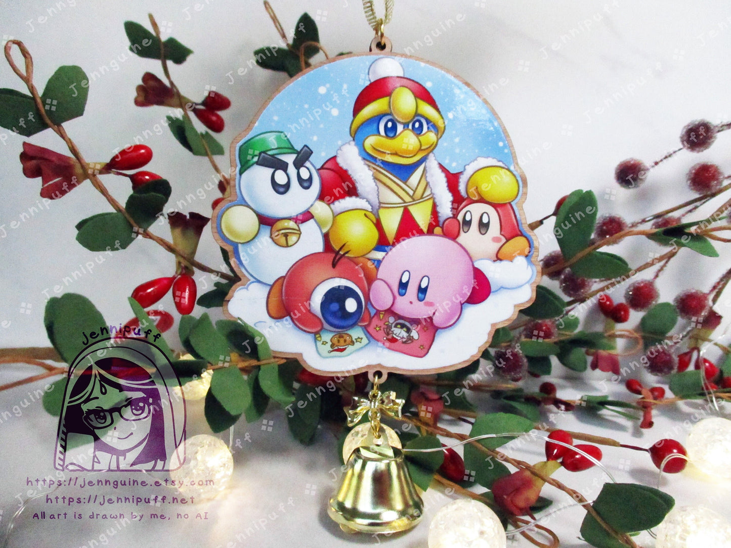 Kirby Wooden Christmas Ornament | Comes with 4x6in Print | Kirby, WaddleDoo, WaddleDee, Chilly, King Dedede Holiday Ornament Decoration Gift