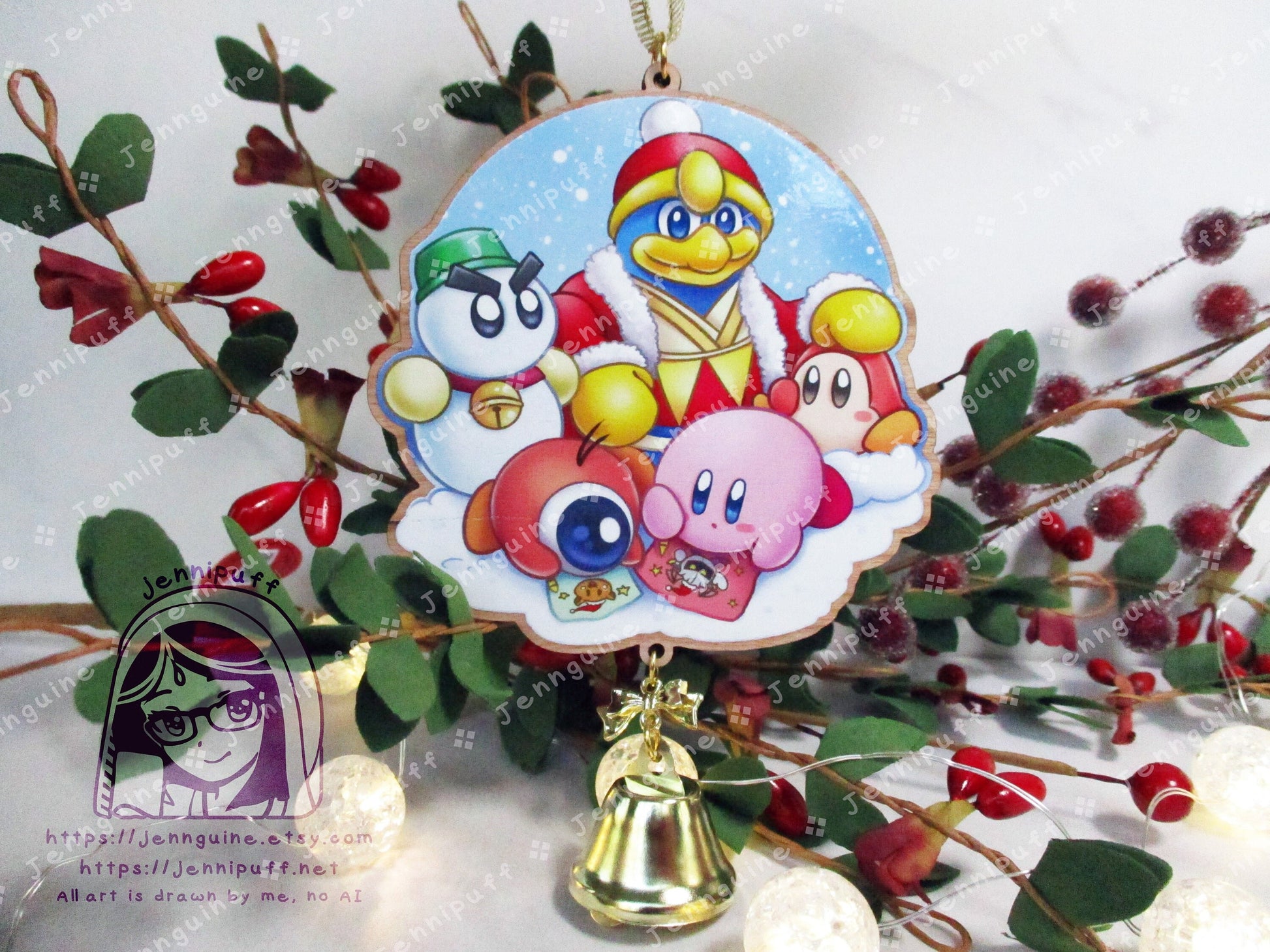 Kirby Wooden Christmas Ornament | Comes with 4x6in Print | Kirby, WaddleDoo, WaddleDee, Chilly, King Dedede Holiday Ornament Decoration Gift