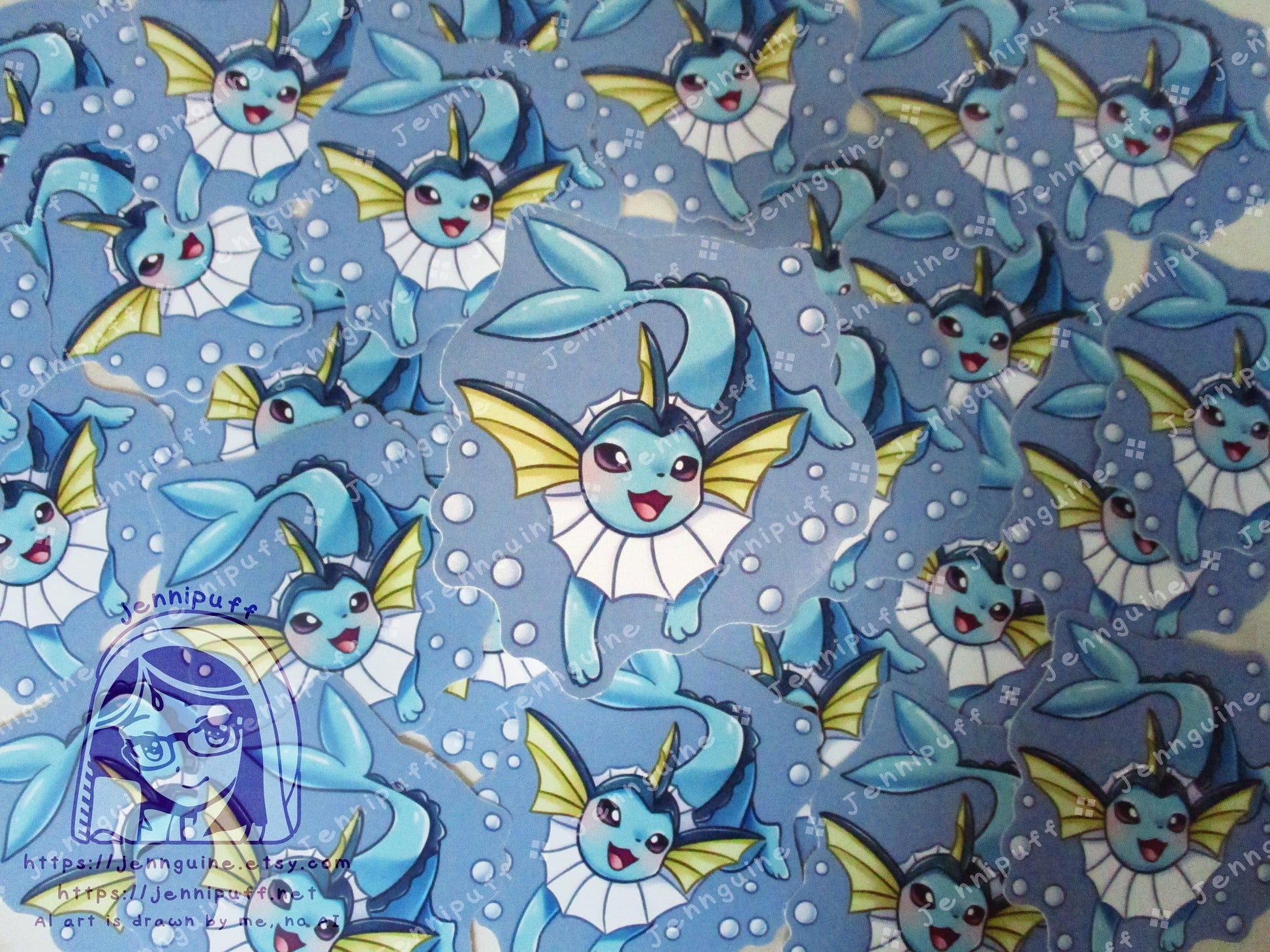 Vaporeon Blue 3in Die-Cut Vinyl Sticker PKMN Water Type Eeveelution Swimming Underwater Kawaii Cute Pokemone Pokeman Gift Present 3x3in