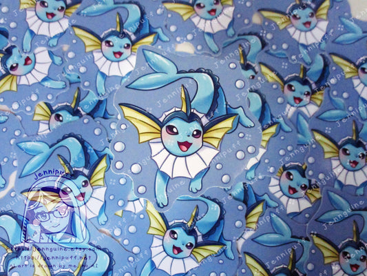 Vaporeon Blue 3in Die-Cut Vinyl Sticker PKMN Water Type Eeveelution Swimming Underwater Kawaii Cute Pokemone Pokeman Gift Present 3x3in
