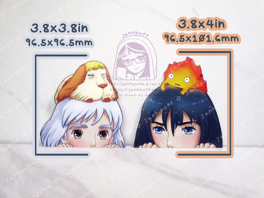 Hówl and Sophie Móving Castle Ghíblí 4in Peeker Peeking Sticker Die-Cut Decal Cute Kawaii Anime Gift Peek Calcífer Light Hair Dark Hair