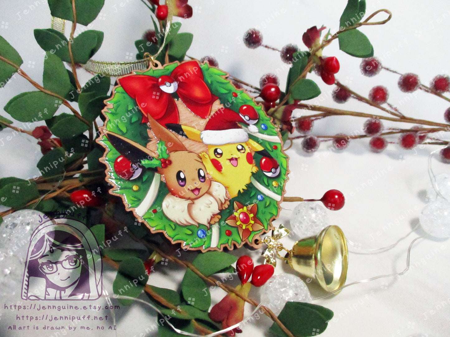 Wooden Christmas Ornament - Pikachu Eevee Wreath