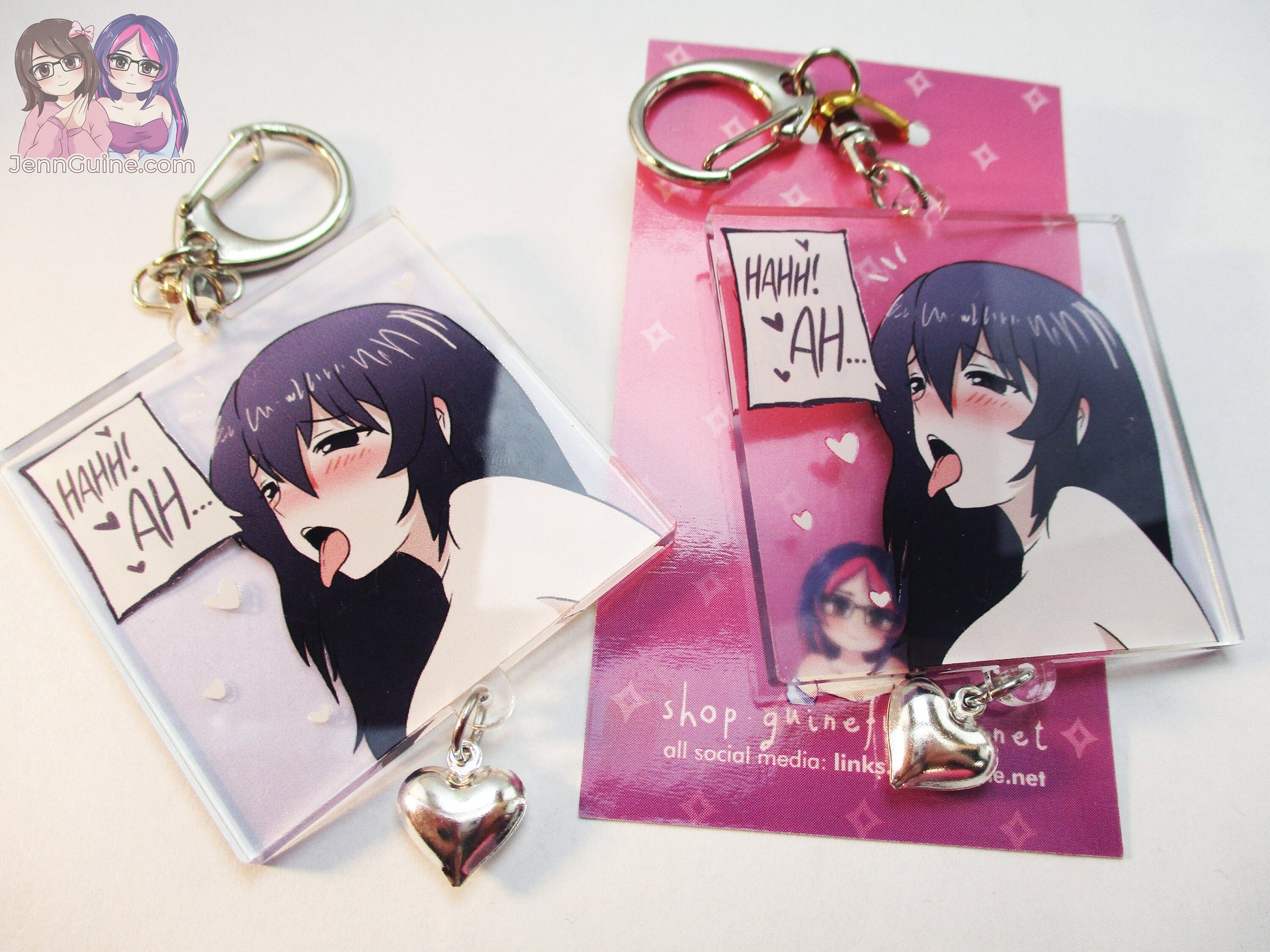 Sexy Lewd Hentai Doujin Panel Double Sided 2.5in Acrylic Square Keychain with Metal Heart Charm