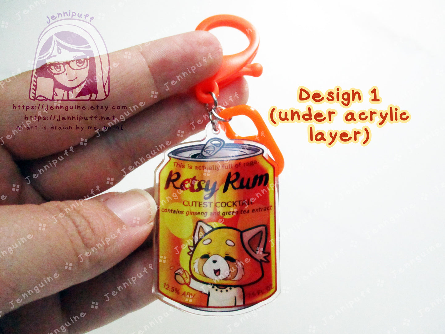 Kawaii Retsuko Angry Red Panda Drink Double Sided Resin Keychain - Retsy Rum - Orange Finding and Soda Tab - Anime Cocktail - 2in or 50mm