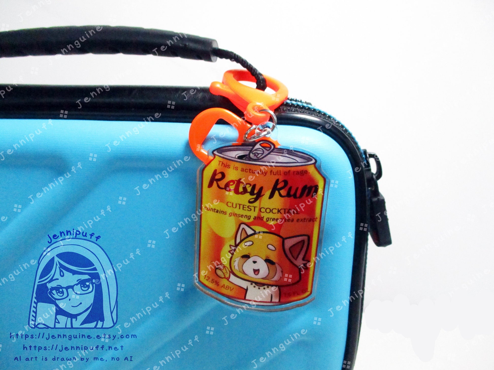 Kawaii Retsuko Angry Red Panda Drink Double Sided Resin Keychain - Retsy Rum - Orange Finding and Soda Tab - Anime Cocktail - 2in or 50mm