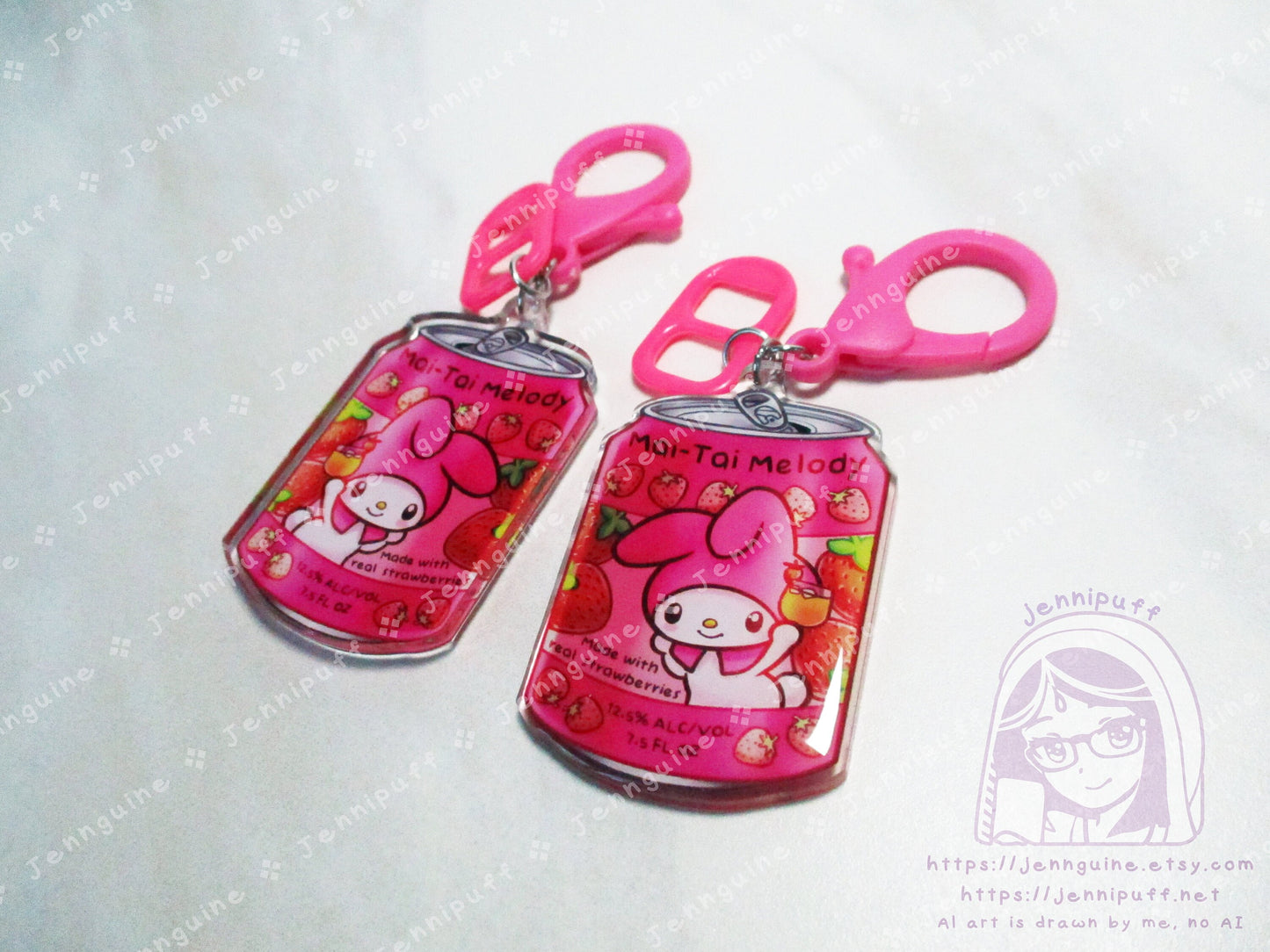 Kawaii Bunny Rabbit My Mèlody Drink Double Sided Resin Keychain - Mai-Tai Melody - Pink Finding and Soda Tab - Anime Cocktail - 2in or 50mm