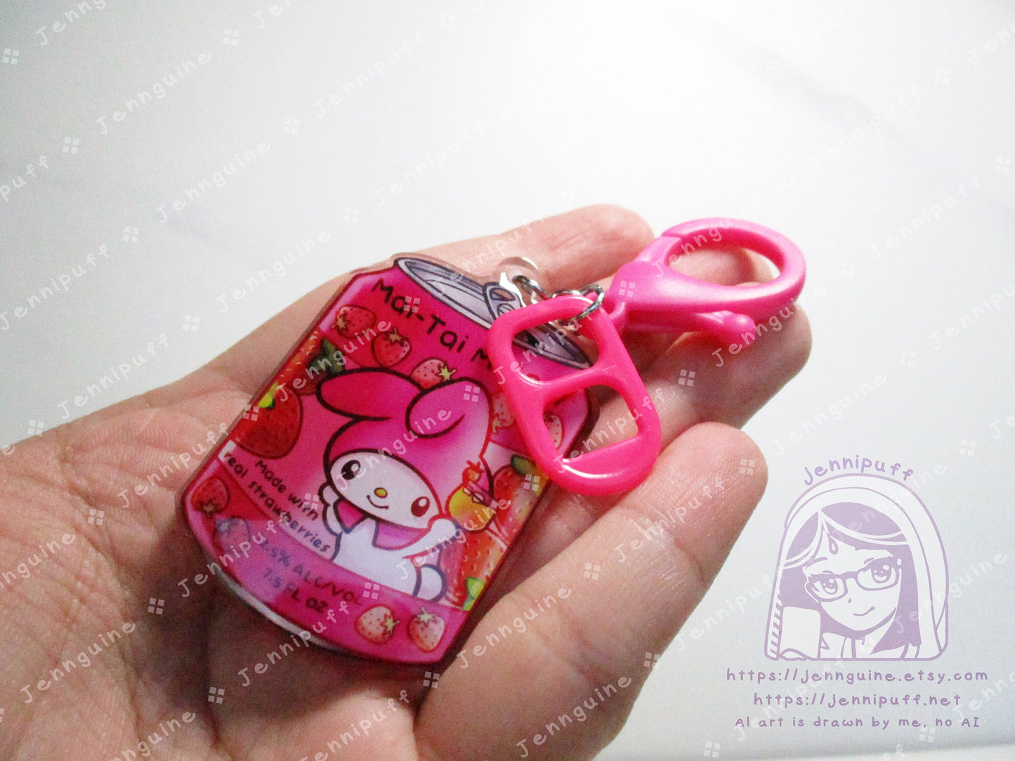 Kawaii Bunny Rabbit My Mèlody Drink Double Sided Resin Keychain - Mai-Tai Melody - Pink Finding and Soda Tab - Anime Cocktail - 2in or 50mm