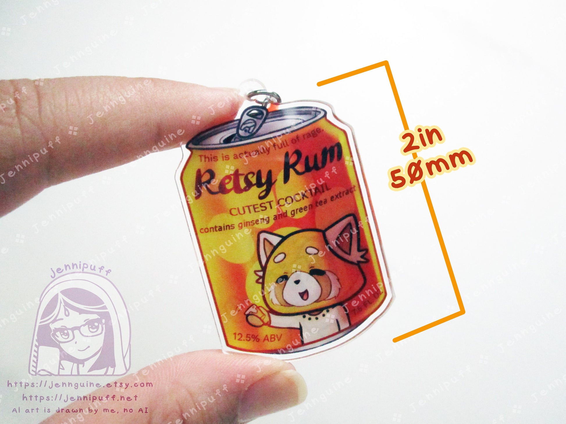 Kawaii Retsuko Angry Red Panda Drink Double Sided Resin Keychain - Retsy Rum - Orange Finding and Soda Tab - Anime Cocktail - 2in or 50mm