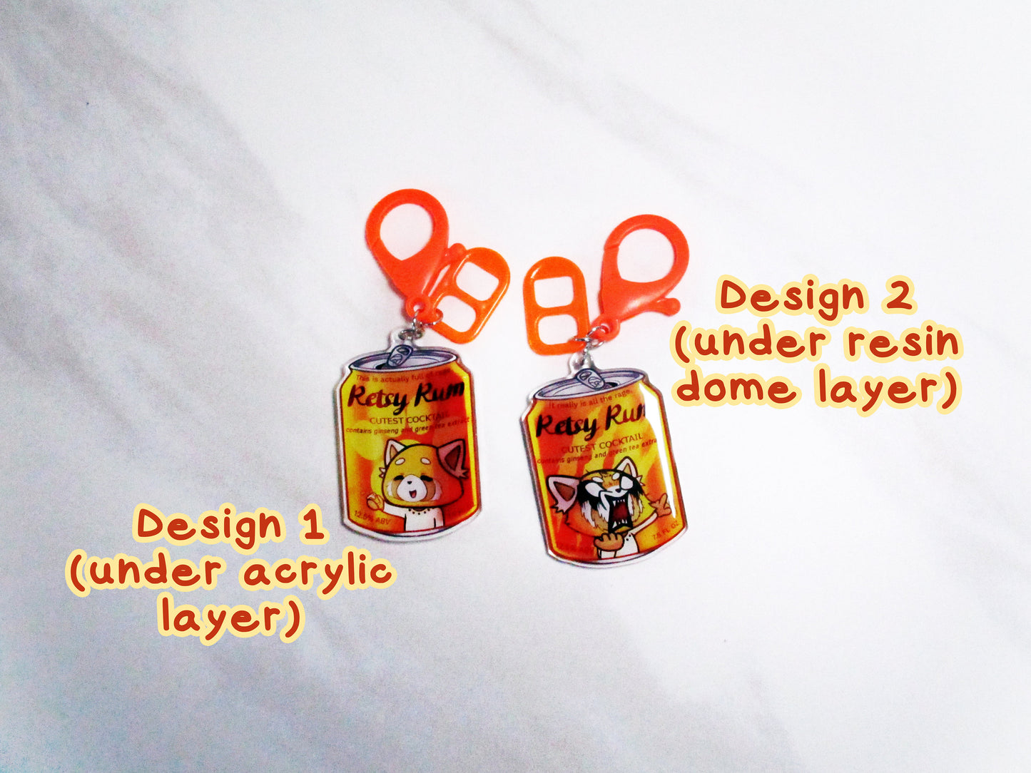 Kawaii Retsuko Angry Red Panda Drink Double Sided Resin Keychain - Retsy Rum - Orange Finding and Soda Tab - Anime Cocktail - 2in or 50mm