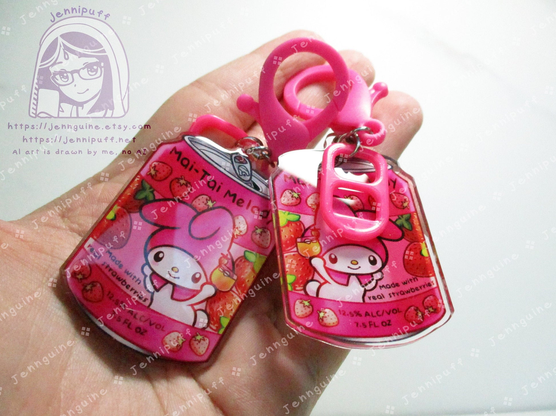 Kawaii Bunny Rabbit My Mèlody Drink Double Sided Resin Keychain - Mai-Tai Melody - Pink Finding and Soda Tab - Anime Cocktail - 2in or 50mm