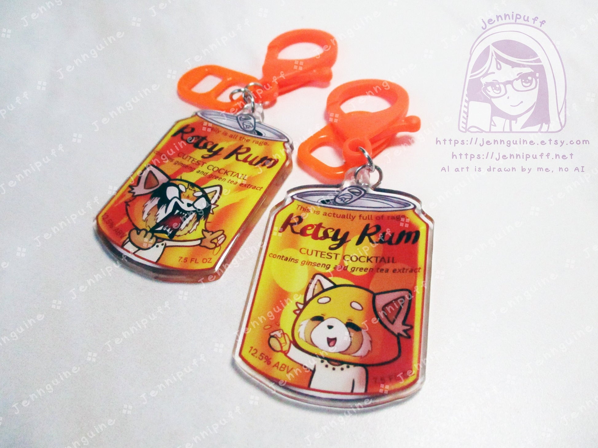 Kawaii Retsuko Angry Red Panda Drink Double Sided Resin Keychain - Retsy Rum - Orange Finding and Soda Tab - Anime Cocktail - 2in or 50mm