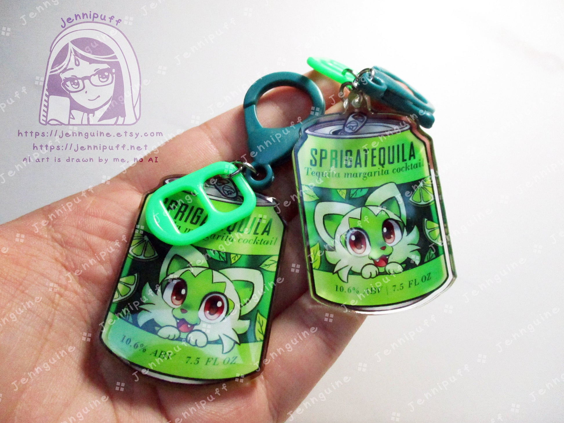 Spritagito Drink Double Sided Resin Keychain - Sprigatequila - Green Finding and Green Soda Tab - Anime Cocktail - 2in or 50mm