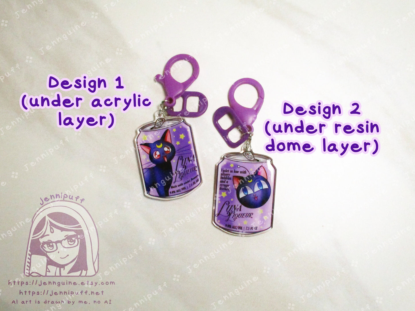 Luna Cat Saílor Móon Drink Double Sided Resin Keychain - Luna Liqueur - Purple Finding and Purple Soda Tab - Anime Cocktail - 2in or 50mm