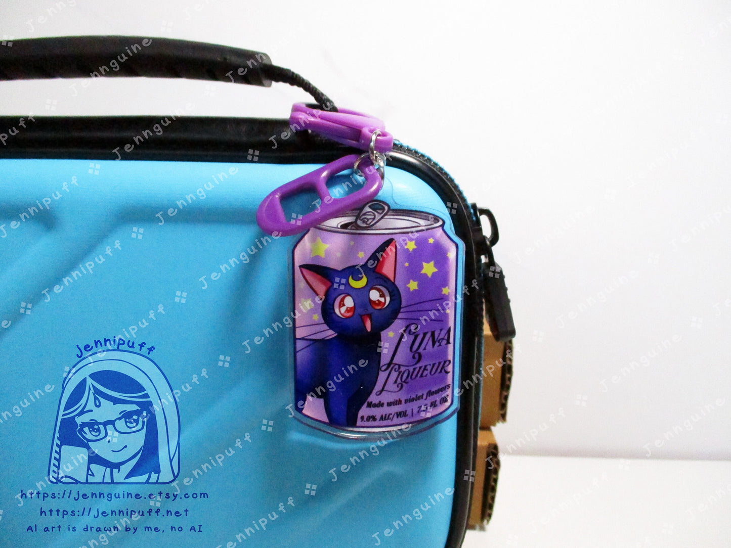 Luna Cat Saílor Móon Drink Double Sided Resin Keychain - Luna Liqueur - Purple Finding and Purple Soda Tab - Anime Cocktail - 2in or 50mm