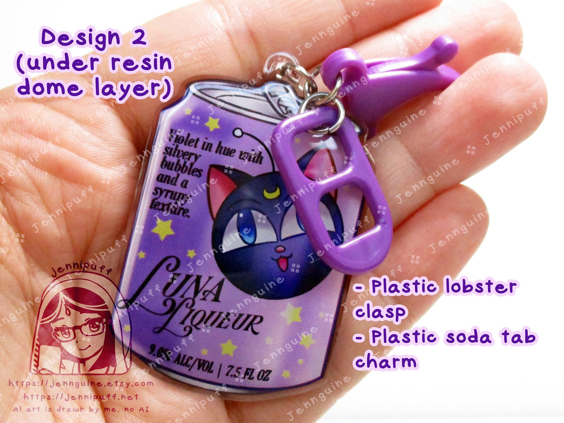 Luna Cat Saílor Móon Drink Double Sided Resin Keychain - Luna Liqueur - Purple Finding and Purple Soda Tab - Anime Cocktail - 2in or 50mm