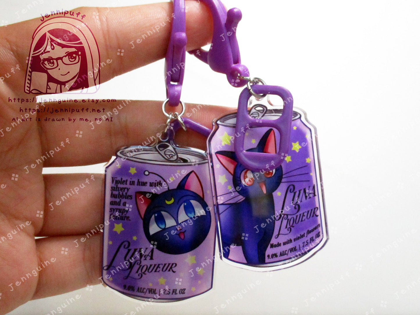 Luna Cat Saílor Móon Drink Double Sided Resin Keychain - Luna Liqueur - Purple Finding and Purple Soda Tab - Anime Cocktail - 2in or 50mm