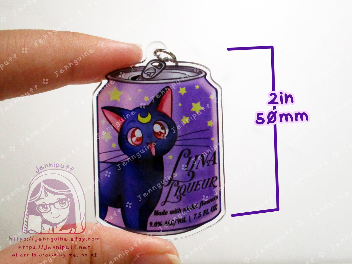 Luna Cat Saílor Móon Drink Double Sided Resin Keychain - Luna Liqueur - Purple Finding and Purple Soda Tab - Anime Cocktail - 2in or 50mm