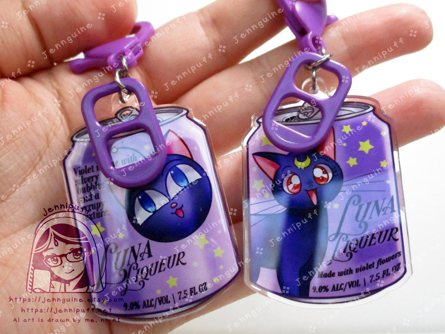 Luna Cat Saílor Móon Drink Double Sided Resin Keychain - Luna Liqueur - Purple Finding and Purple Soda Tab - Anime Cocktail - 2in or 50mm