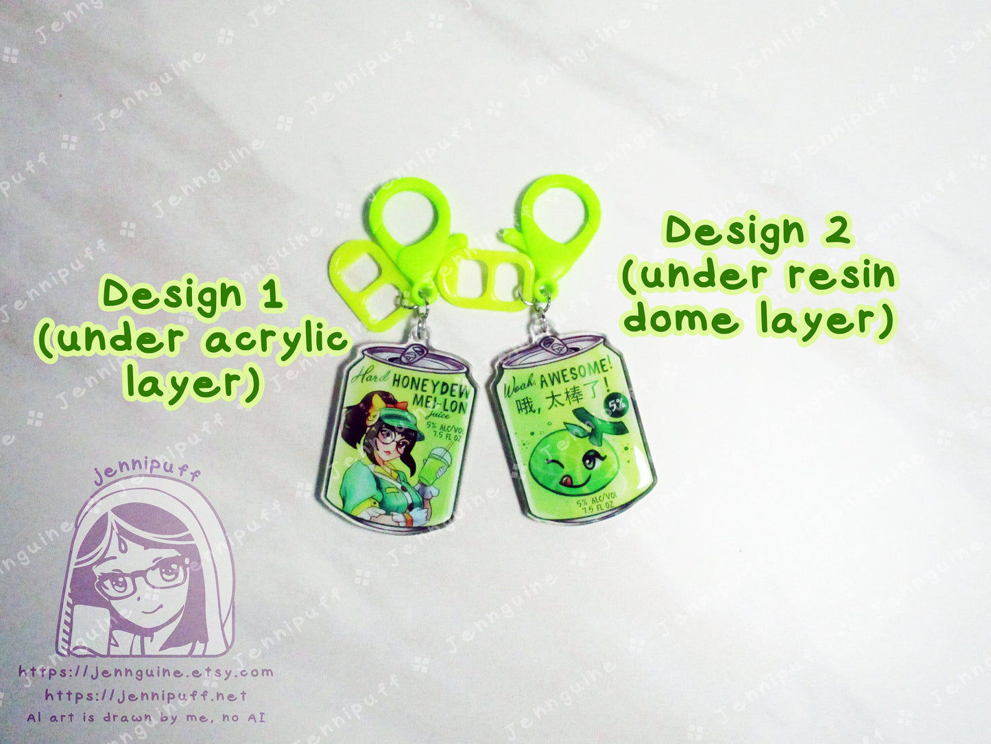 Overwátch Mei Drink Double Sided Resin Keychain - Hard Honeydew Mei-Lon - Bright Green Lobster Clasp and Soda Tab - Cocktail - 2in or 50mm