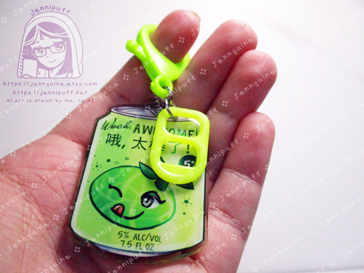 Overwátch Mei Drink Double Sided Resin Keychain - Hard Honeydew Mei-Lon - Bright Green Lobster Clasp and Soda Tab - Cocktail - 2in or 50mm