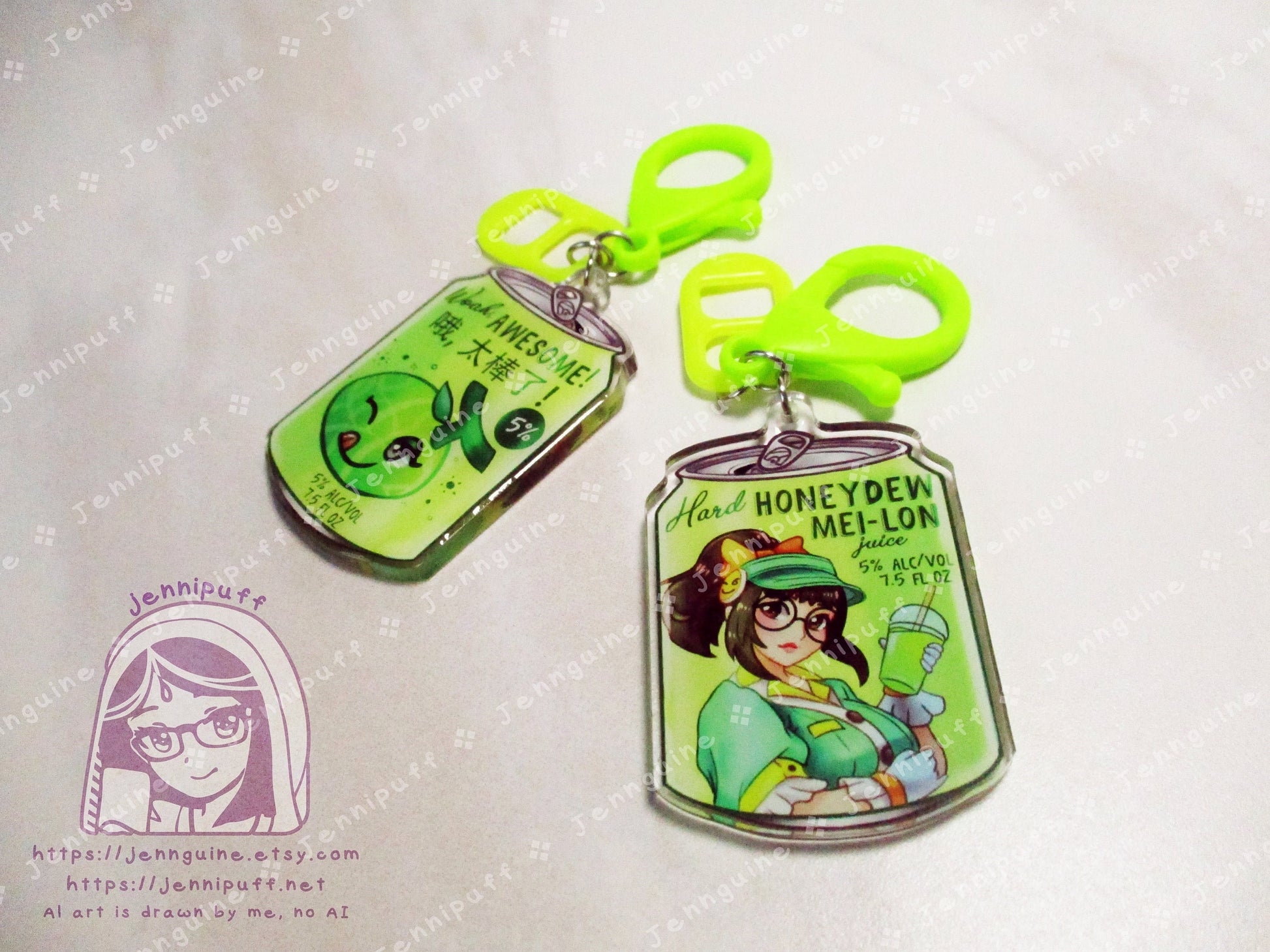 Overwátch Mei Drink Double Sided Resin Keychain - Hard Honeydew Mei-Lon - Bright Green Lobster Clasp and Soda Tab - Cocktail - 2in or 50mm