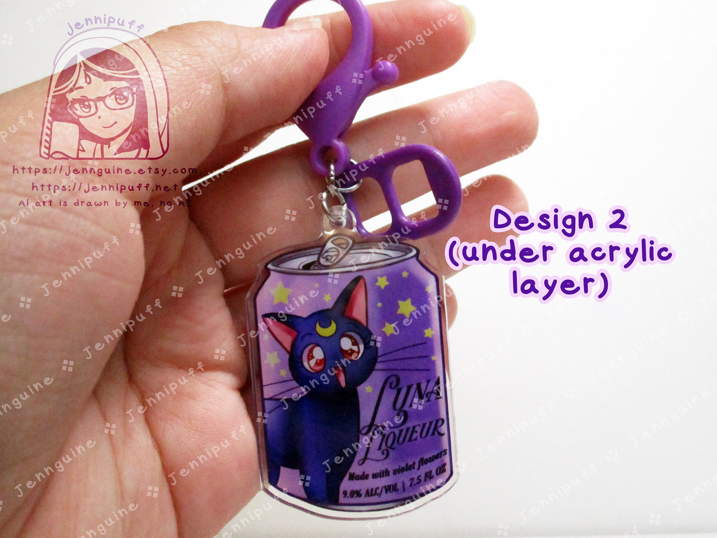 Luna Cat Saílor Móon Drink Double Sided Resin Keychain - Luna Liqueur - Purple Finding and Purple Soda Tab - Anime Cocktail - 2in or 50mm