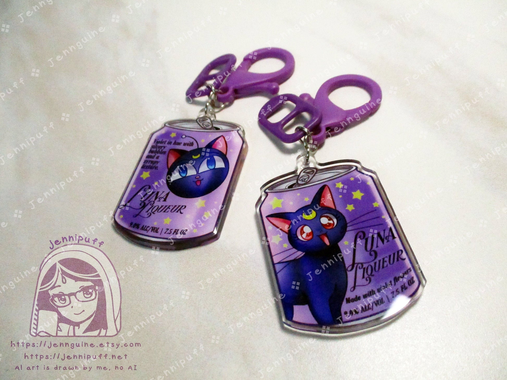 Luna Cat Saílor Móon Drink Double Sided Resin Keychain - Luna Liqueur - Purple Finding and Purple Soda Tab - Anime Cocktail - 2in or 50mm