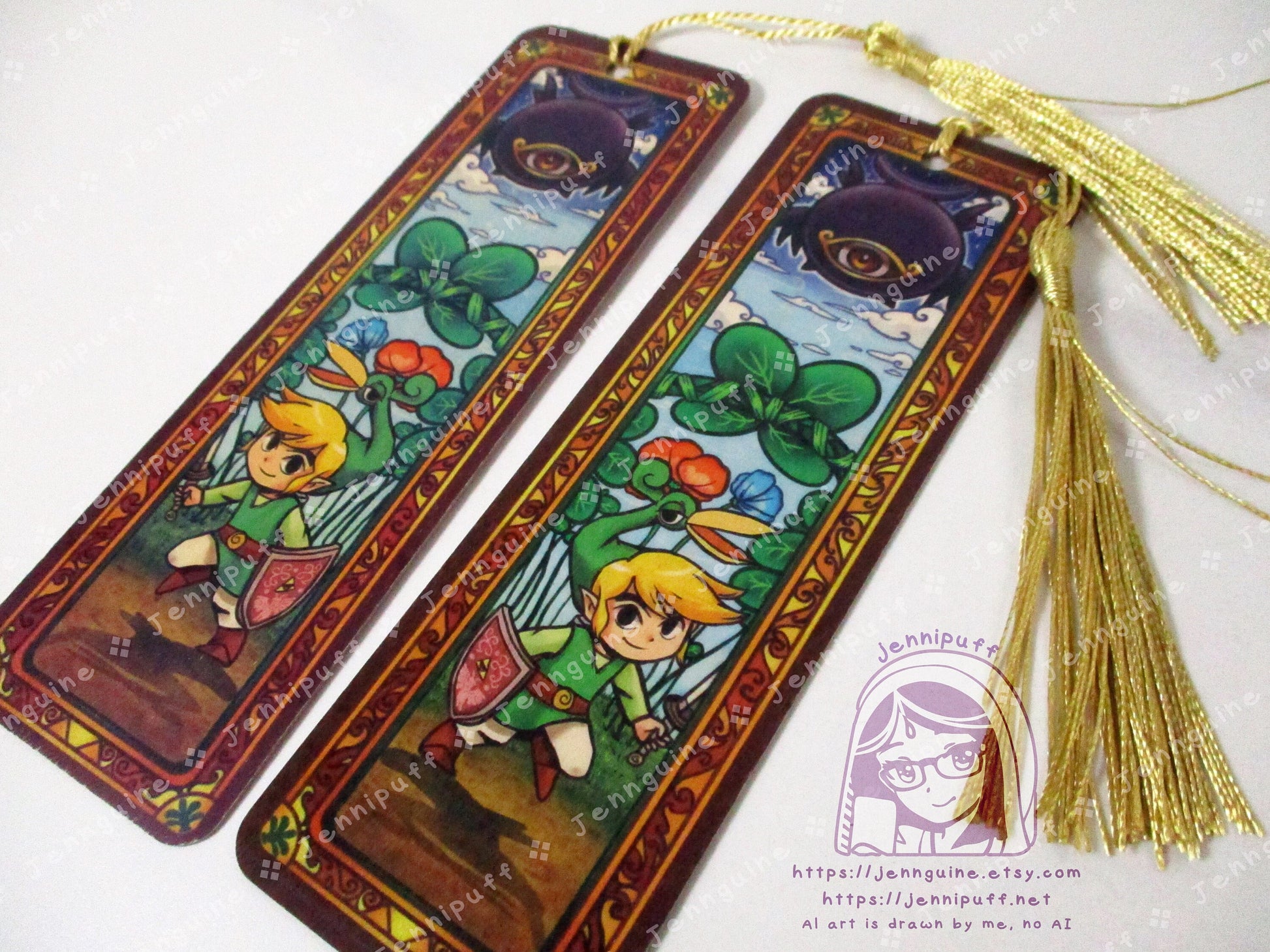 Link and Vaati Legènd of Zèlda Minish Cap Double Sided Printed Bookmark 2x6in - Made of Real Maple Wood 2ply Veneer - Gold Tassel