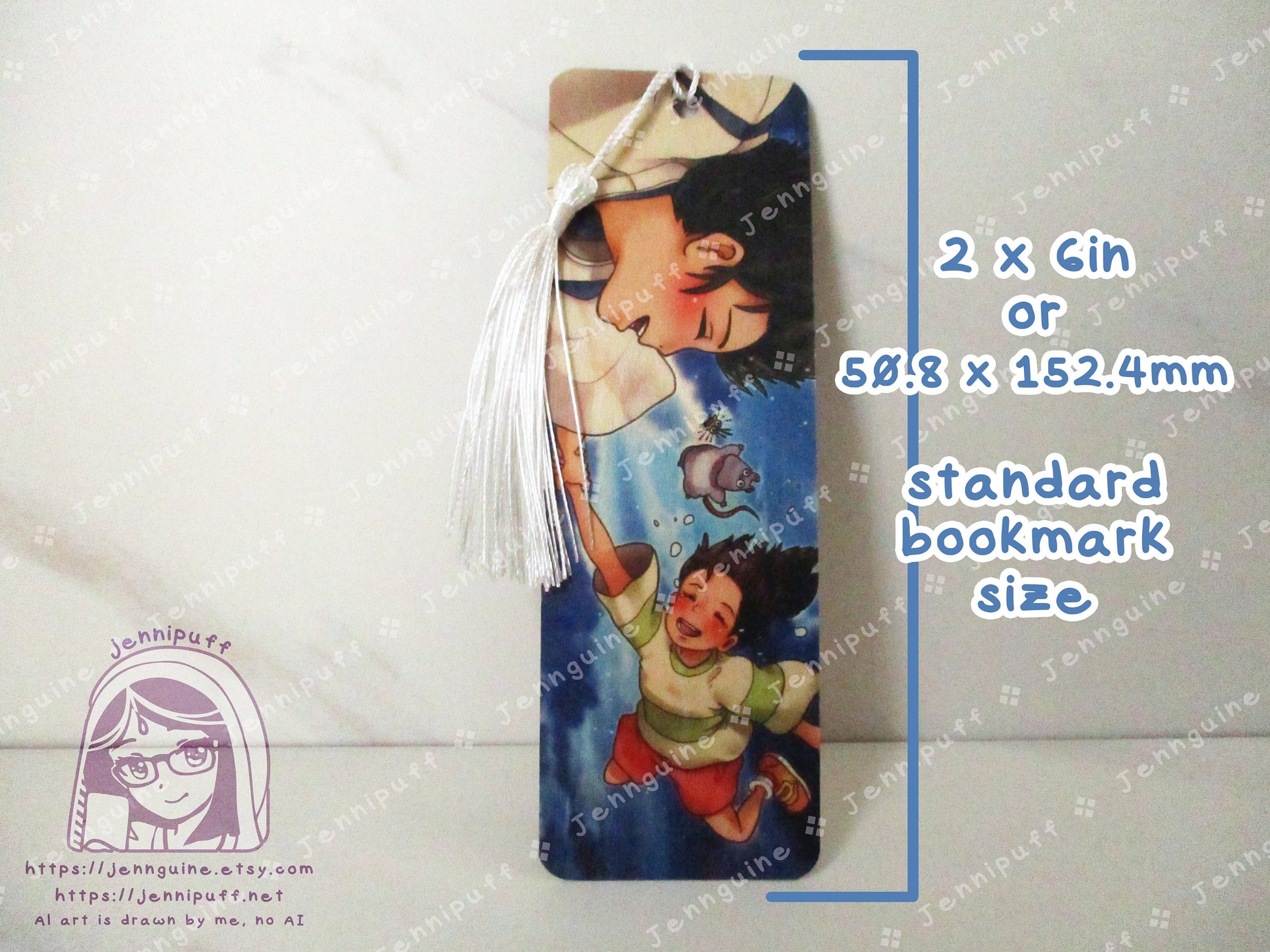 Spírited Away Chíhiro Haku Sky Fall Bo and Yu-Bird Double Sided Printed Bookmark 2x6in - Made of Real Maple Wood 2ply Veneer - White Tassel