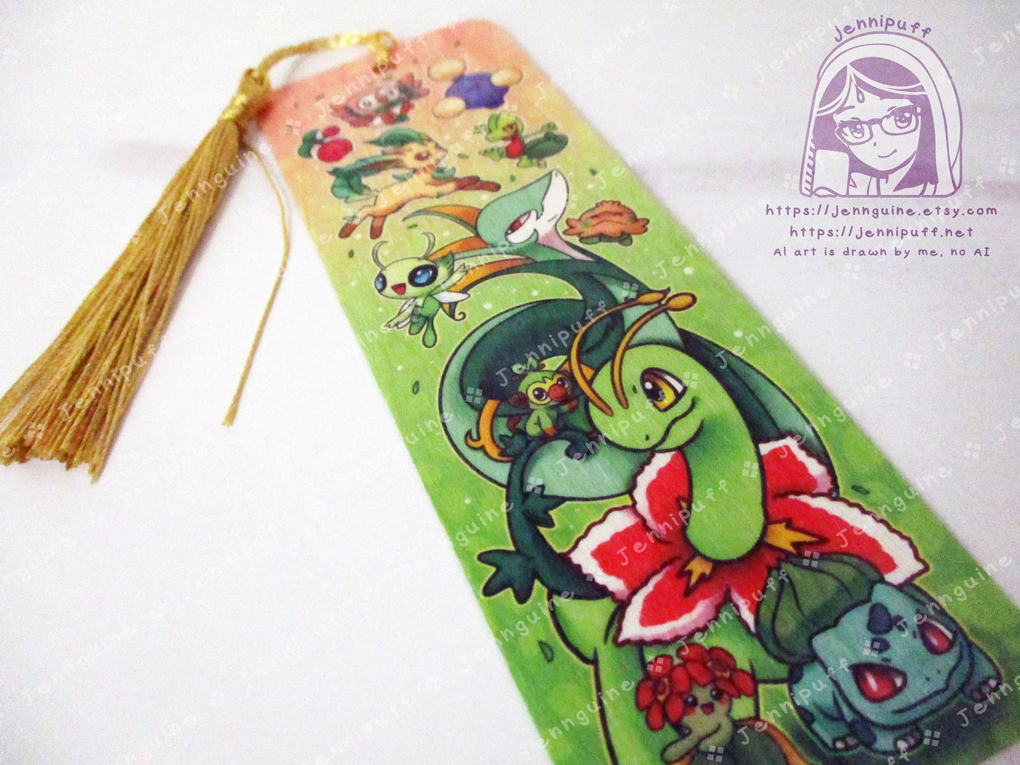 Grass Poké Pkmn Meganium Bulbasaur Celebi Leafeon Double Sided Printed Bookmark 2x6in - Made of Real Maple Wood 2ply Veneer - Gold Tassel