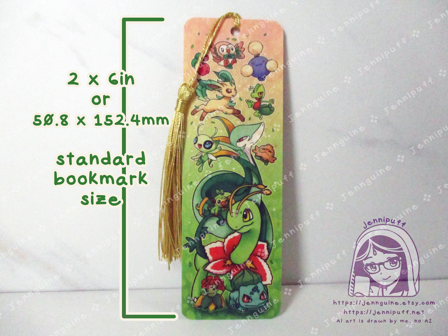 Grass Poké Pkmn Meganium Bulbasaur Celebi Leafeon Double Sided Printed Bookmark 2x6in - Made of Real Maple Wood 2ply Veneer - Gold Tassel