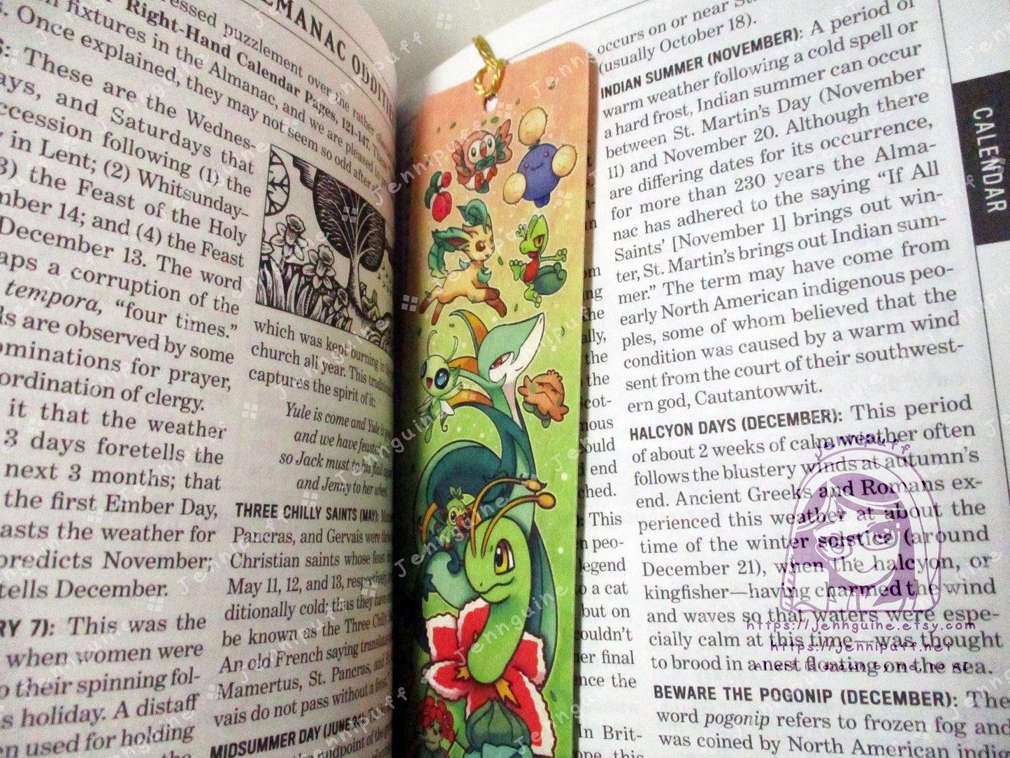 Grass Poké Pkmn Meganium Bulbasaur Celebi Leafeon Double Sided Printed Bookmark 2x6in - Made of Real Maple Wood 2ply Veneer - Gold Tassel