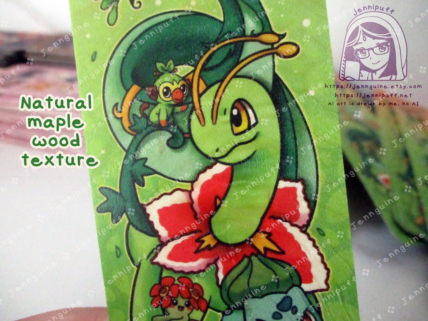 Grass Poké Pkmn Meganium Bulbasaur Celebi Leafeon Double Sided Printed Bookmark 2x6in - Made of Real Maple Wood 2ply Veneer - Gold Tassel