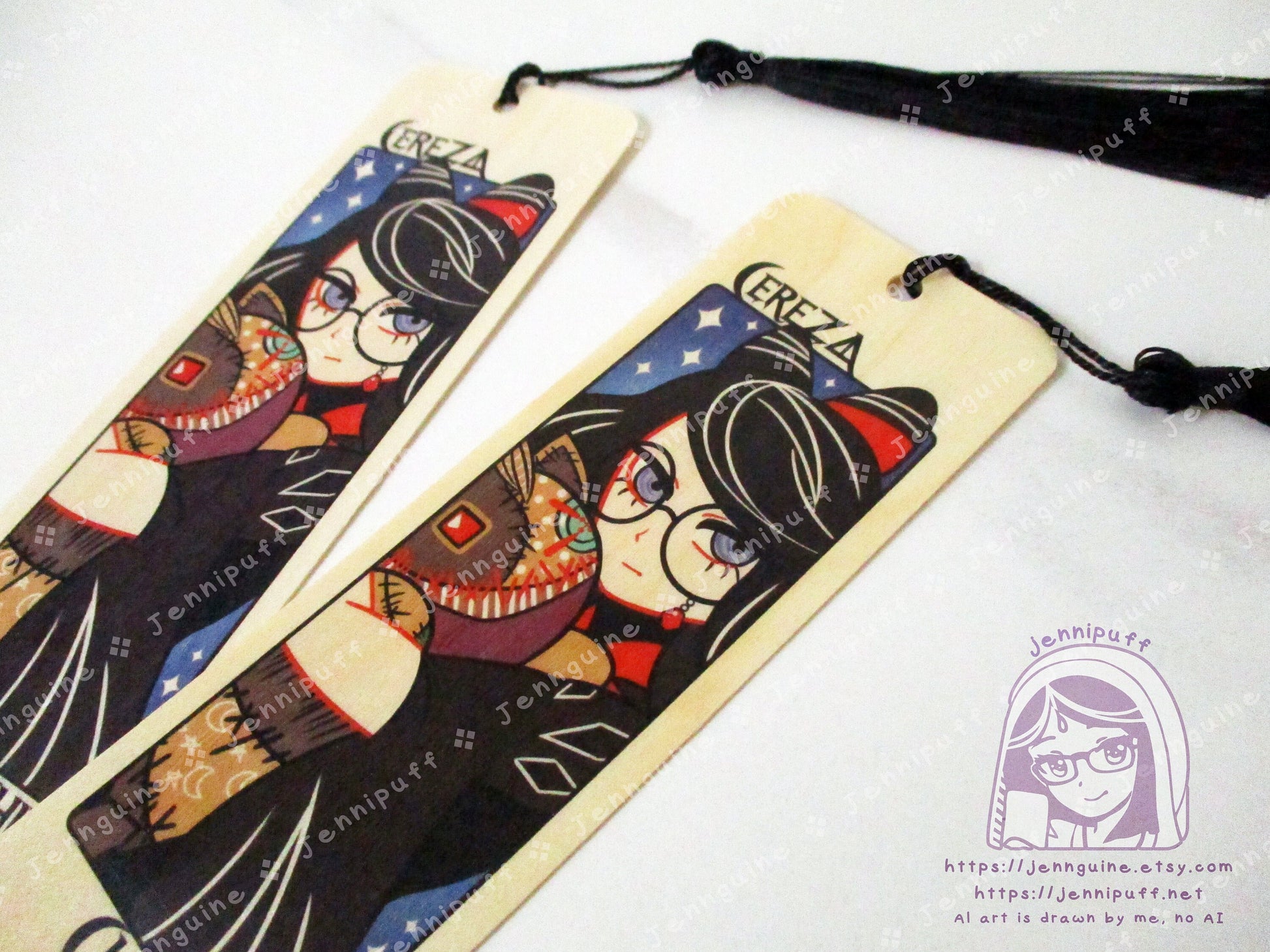 Cereza Cheshire Lost Demon Bayonetta Origins Double Sided Printed Bookmark 2x6in - Made of Real Maple Wood 2ply Veneer - Black Tassel