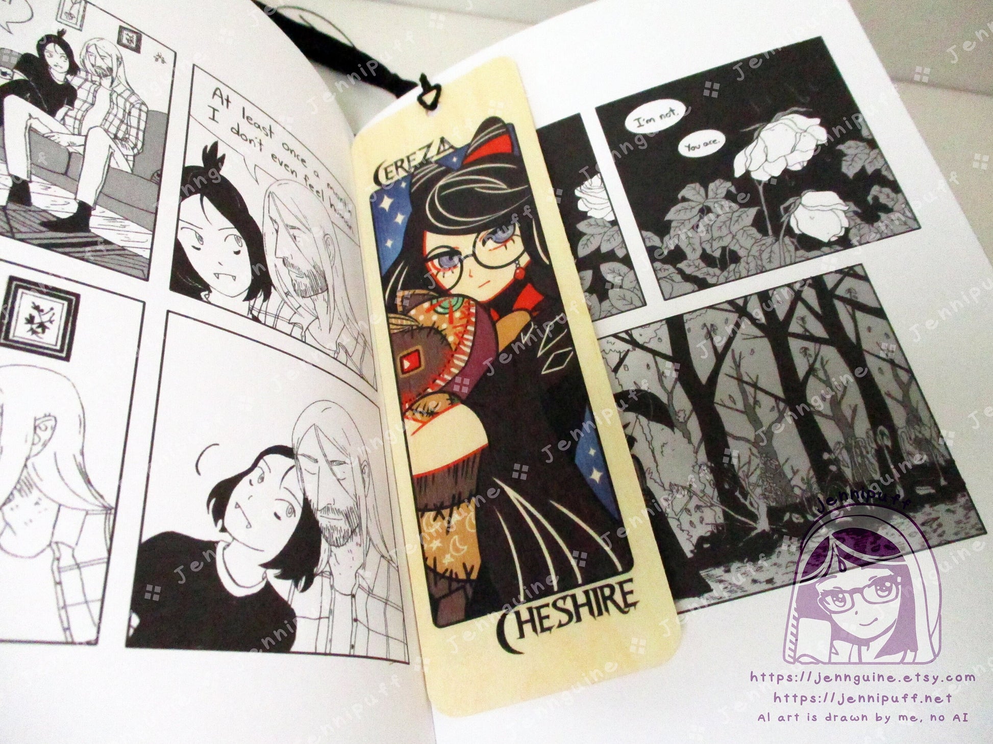 Cereza Cheshire Lost Demon Bayonetta Origins Double Sided Printed Bookmark 2x6in - Made of Real Maple Wood 2ply Veneer - Black Tassel