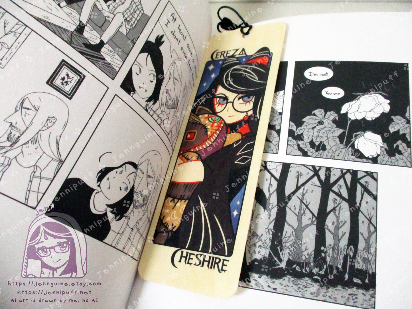 Cereza Cheshire Lost Demon Bayonetta Origins Double Sided Printed Bookmark 2x6in - Made of Real Maple Wood 2ply Veneer - Black Tassel