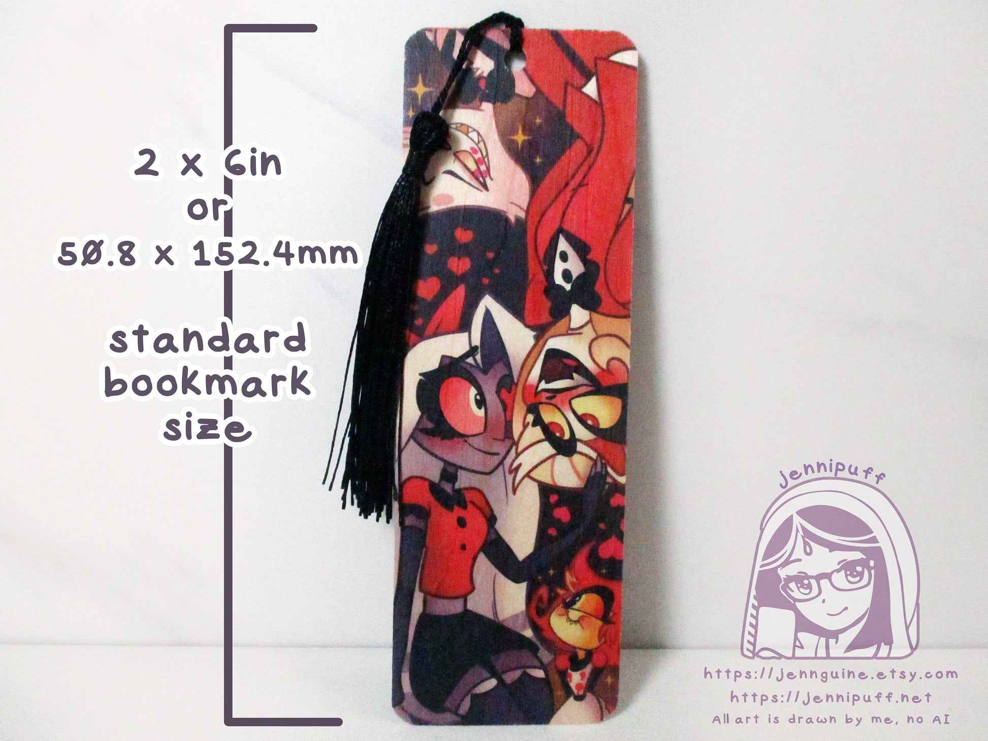 Hazbin Hotel Charlie x Vaggie Niffty Angel Dust Double Sided Printed Bookmark 2x6in - Made of Real Maple Wood 2ply Veneer - Black Tassel