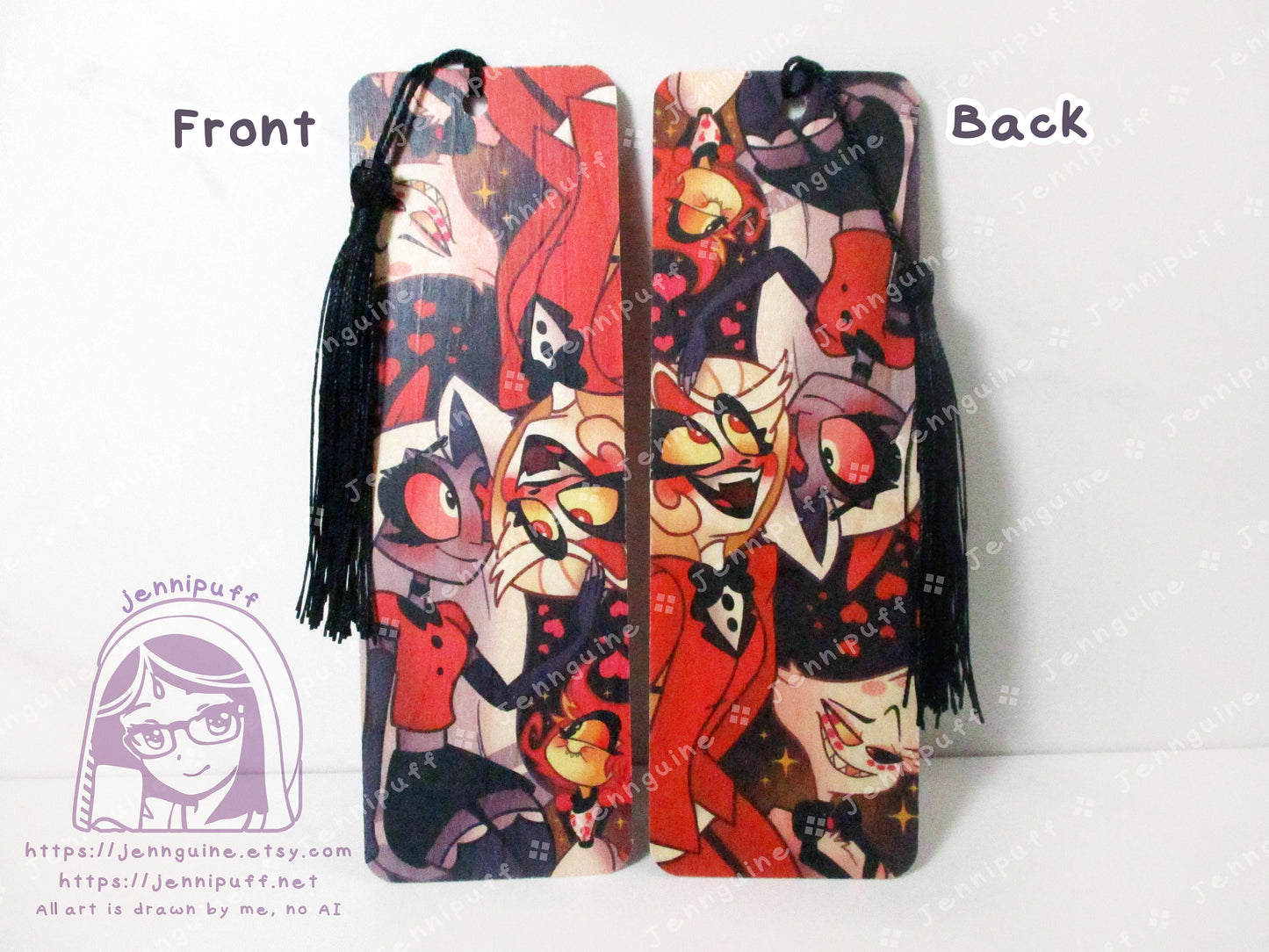 Hazbin Hotel Charlie x Vaggie Niffty Angel Dust Double Sided Printed Bookmark 2x6in - Made of Real Maple Wood 2ply Veneer - Black Tassel