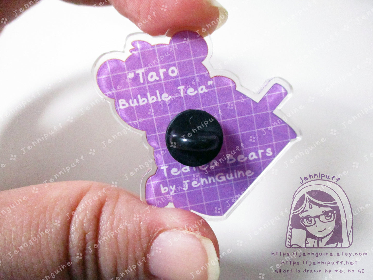 TedTea Bear Taro Boba Milk Bubble Tea Double-Sided Double-Walled Recycled Acrylic 40mm 1.5in Pin with Black Rubber Clutch Original Character