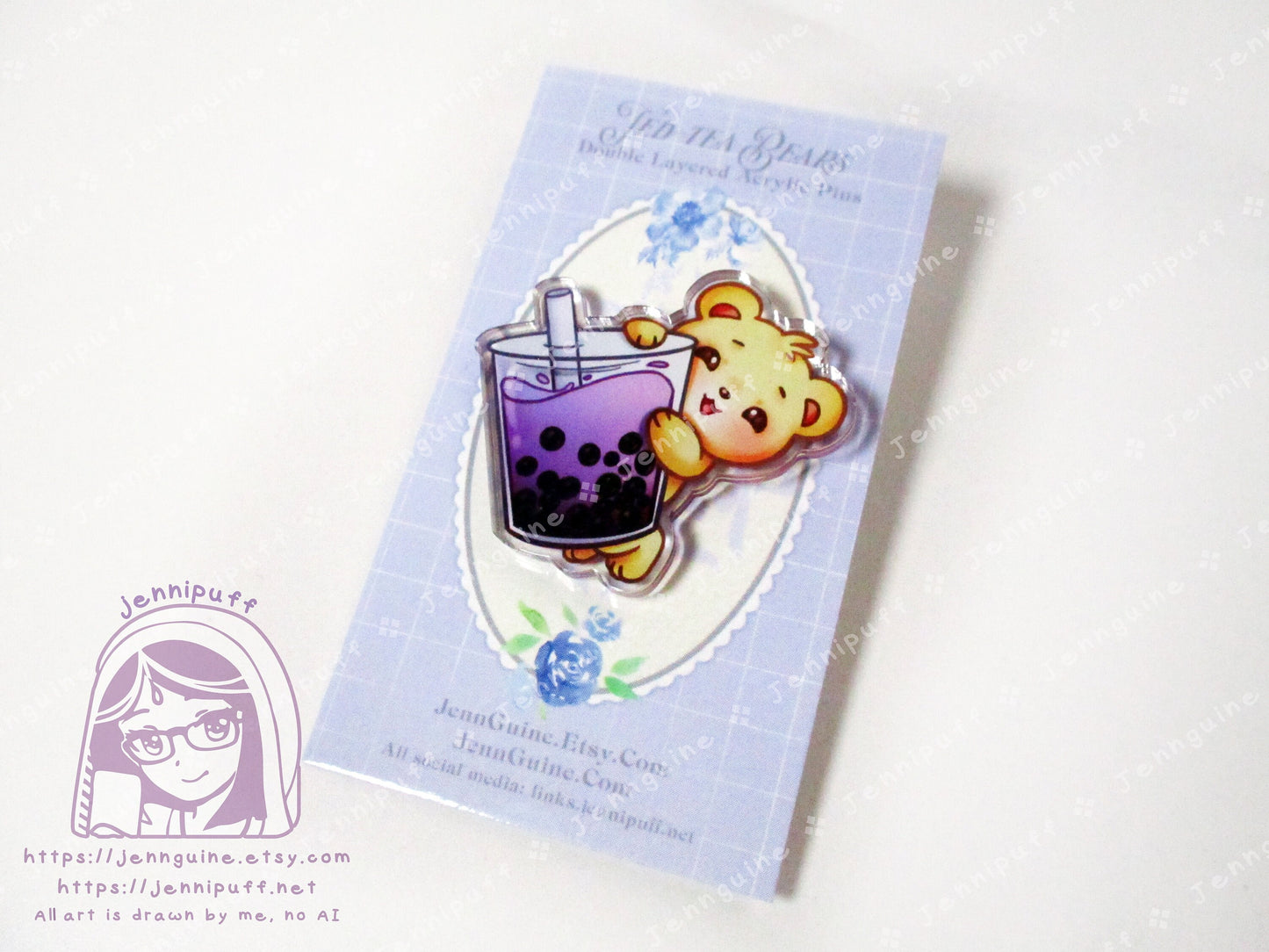 TedTea Bear Taro Boba Milk Bubble Tea Double-Sided Double-Walled Recycled Acrylic 40mm 1.5in Pin with Black Rubber Clutch Original Character