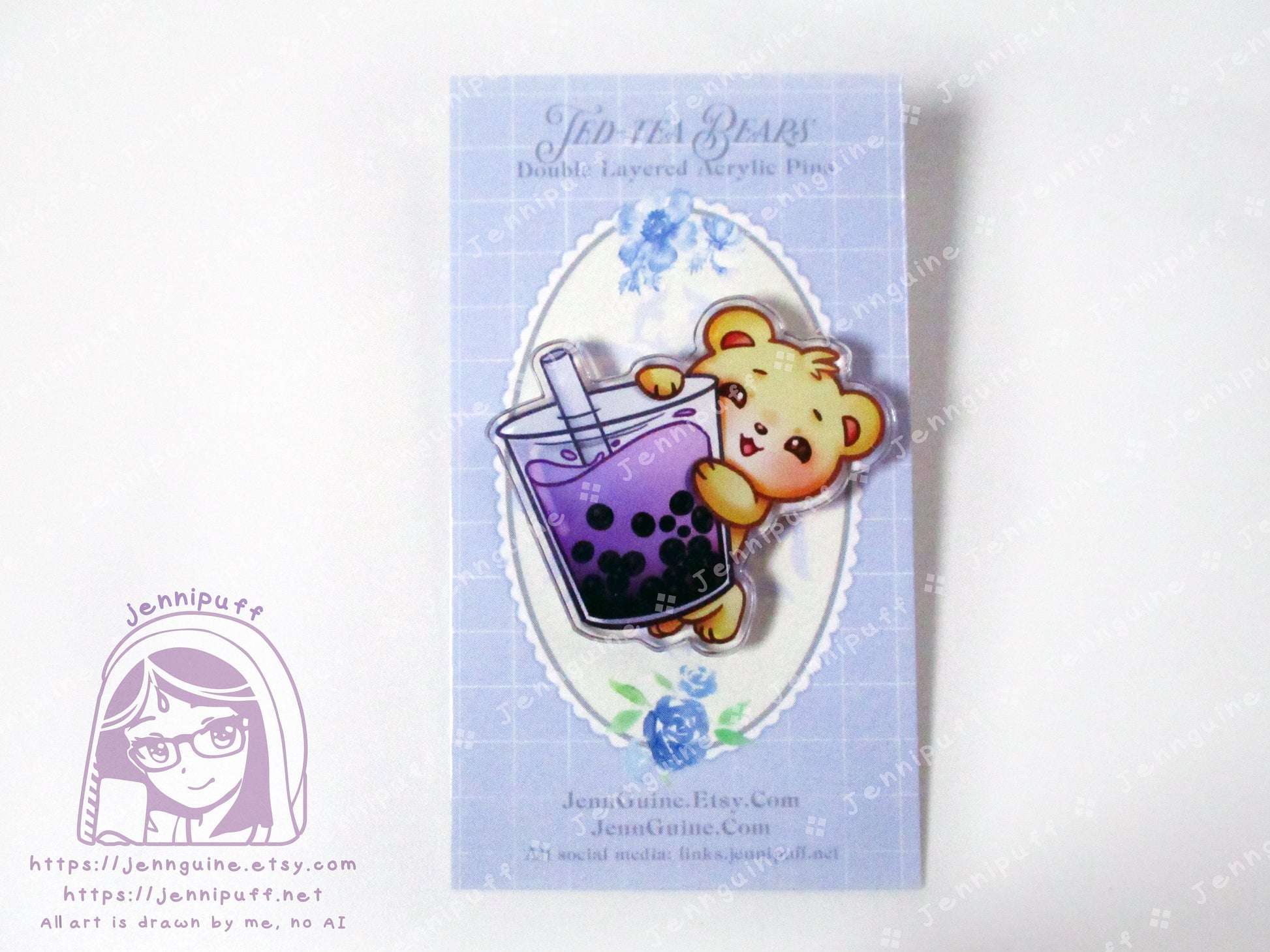 TedTea Bear Taro Boba Milk Bubble Tea Double-Sided Double-Walled Recycled Acrylic 40mm 1.5in Pin with Black Rubber Clutch Original Character