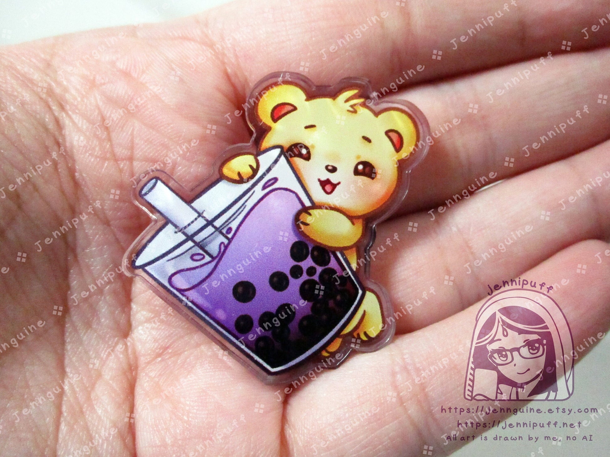 TedTea Bear Taro Boba Milk Bubble Tea Double-Sided Double-Walled Recycled Acrylic 40mm 1.5in Pin with Black Rubber Clutch Original Character